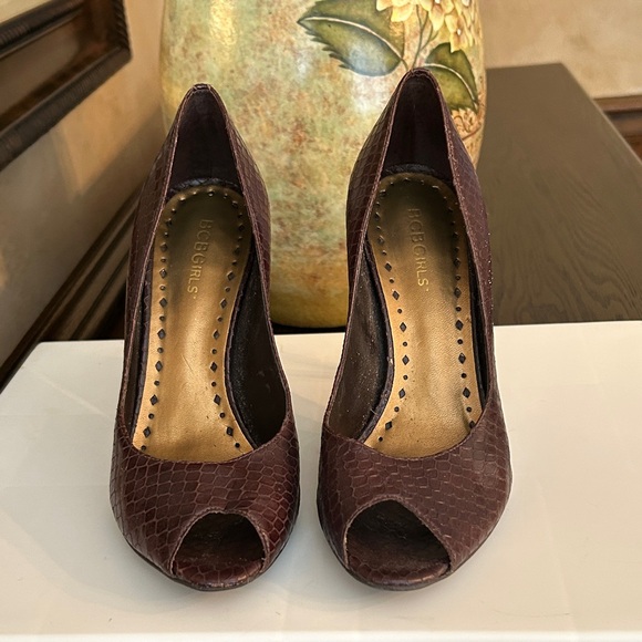 BCBGirls Brown Peep Toe Heels - Picture 1 of 16